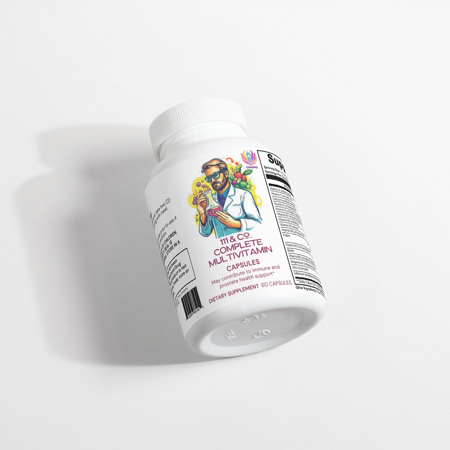 A white bottle of 111 & COMPANY COMPLETE MULTIVITAMIN capsules features a vibrant label with a muscular man in sunglasses and a tank top. Enhanced by natural antioxidants, this daily essential is set against a shadowed white background, adding depth.