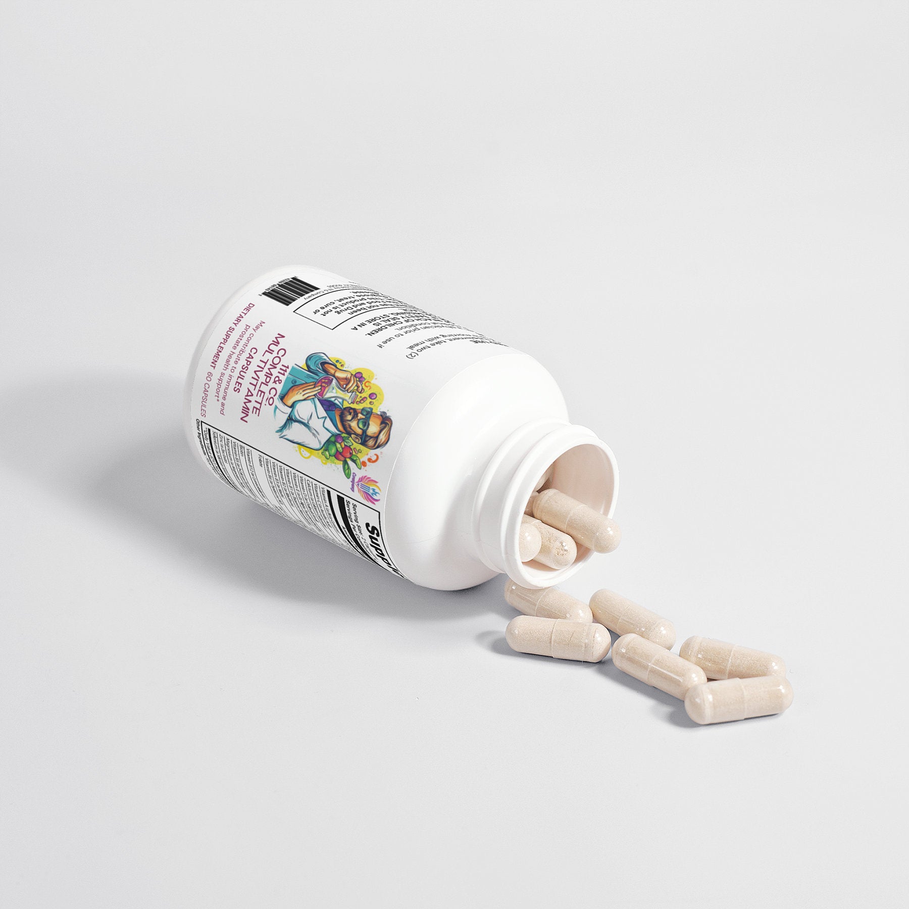 A white bottle from 111 & Companys Complete Multivitamin line lies on its side, spilling daily capsules onto a white surface. The label, featuring colorful cartoon graphics, suggests it contains a vibrant blend of natural antioxidants for everyday health, with the cap off hinting at easy access.