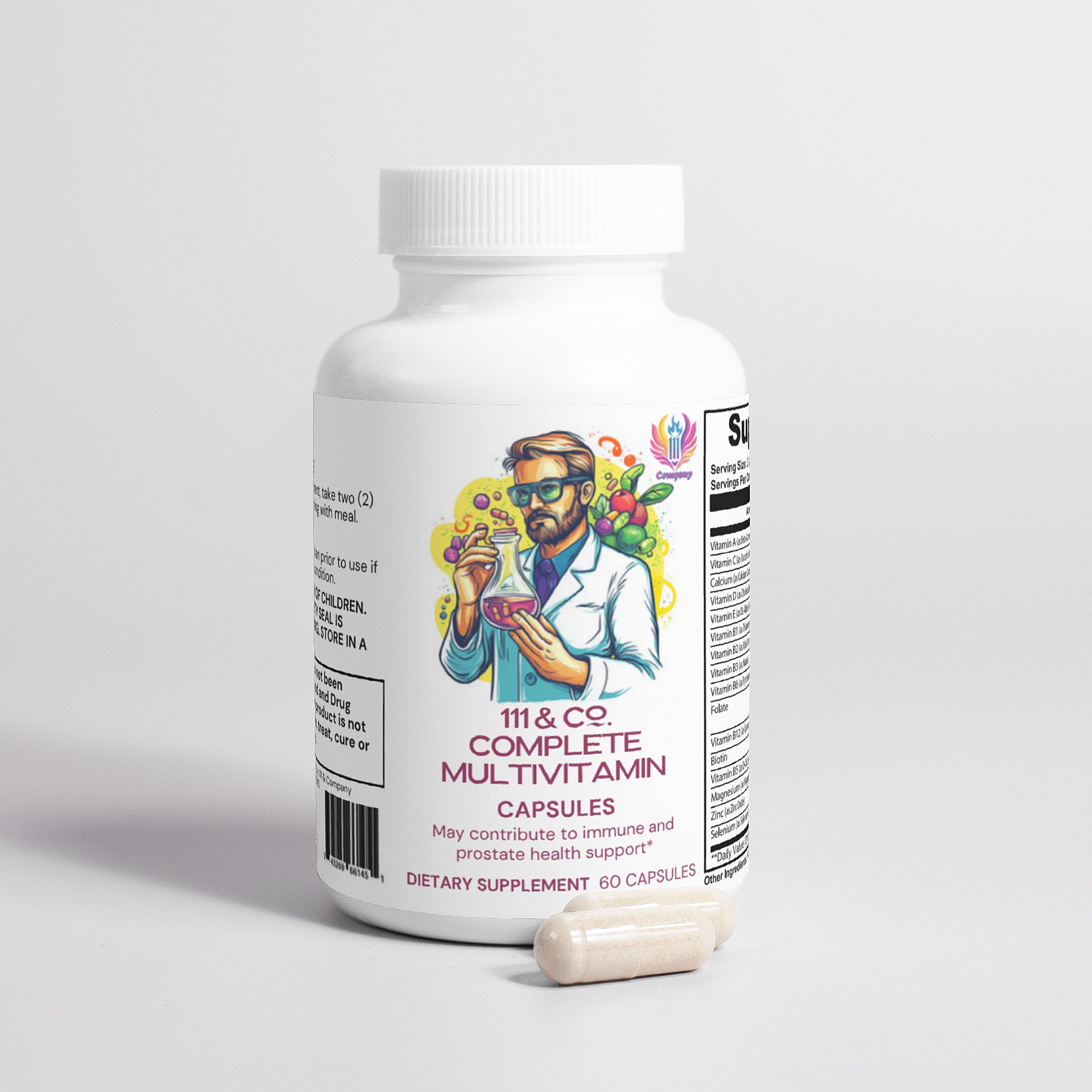 A white bottle labeled 111 & Company Complete Multivitamin displays a scientist with a beaker. Two beige capsules offer daily vitamin support with natural antioxidants for immune and prostate health, and partial nutritional info is visible on the side.