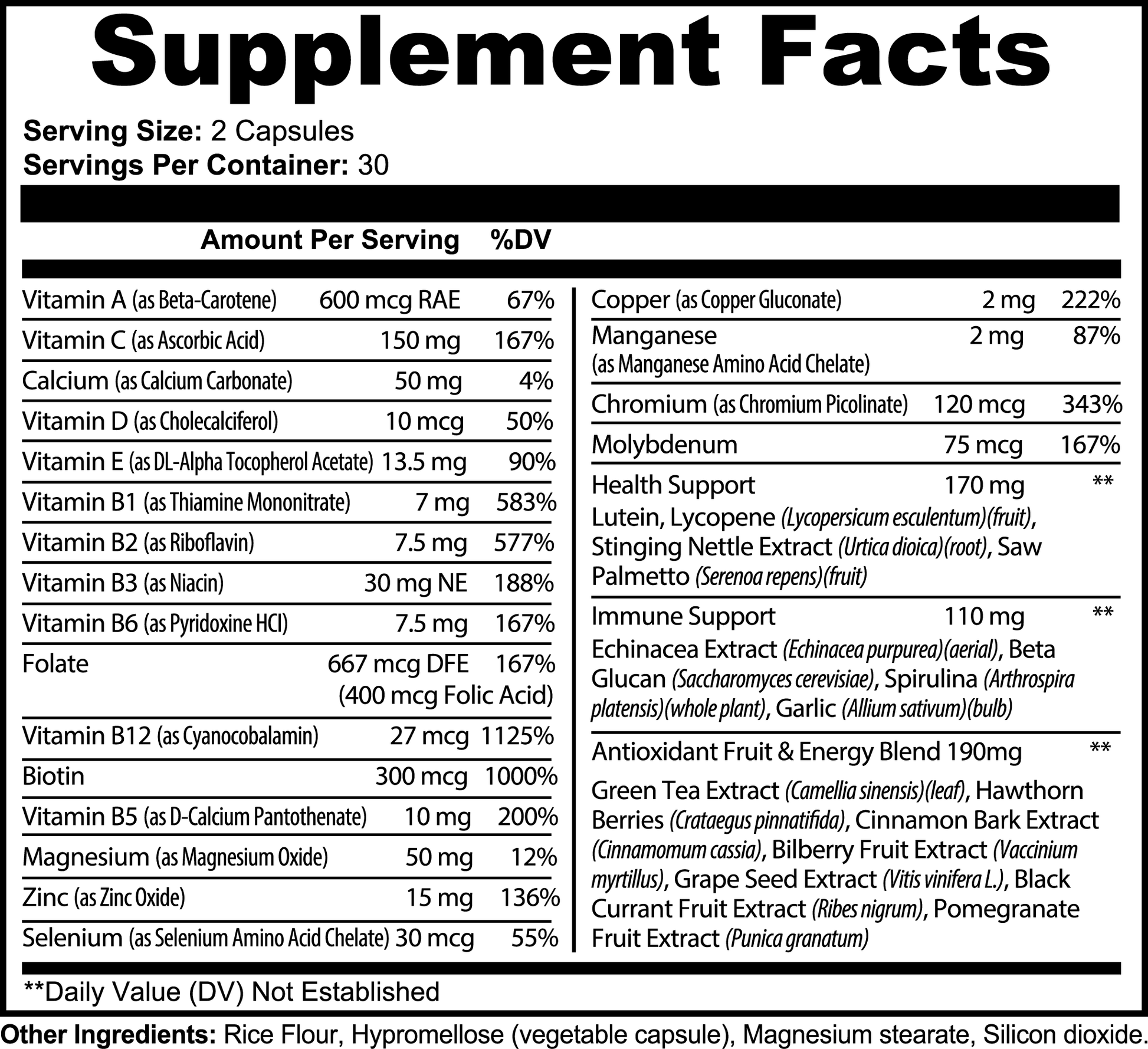 The Supplement Facts for 111 & COMPANY COMPLETE MULTIVITAMIN by 111 & Company includes vitamins (A, C, D, E, B1-B12), calcium, phosphorus, magnesium, selenium, zinc, copper, manganese, chromium, molybdenum plus proprietary blends with natural antioxidants providing immune and energy support. Serving size: 2 capsules.