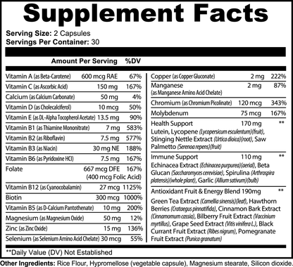 The Supplement Facts for 111 & COMPANY COMPLETE MULTIVITAMIN by 111 & Company includes vitamins (A, C, D, E, B1-B12), calcium, phosphorus, magnesium, selenium, zinc, copper, manganese, chromium, molybdenum plus proprietary blends with natural antioxidants providing immune and energy support. Serving size: 2 capsules.