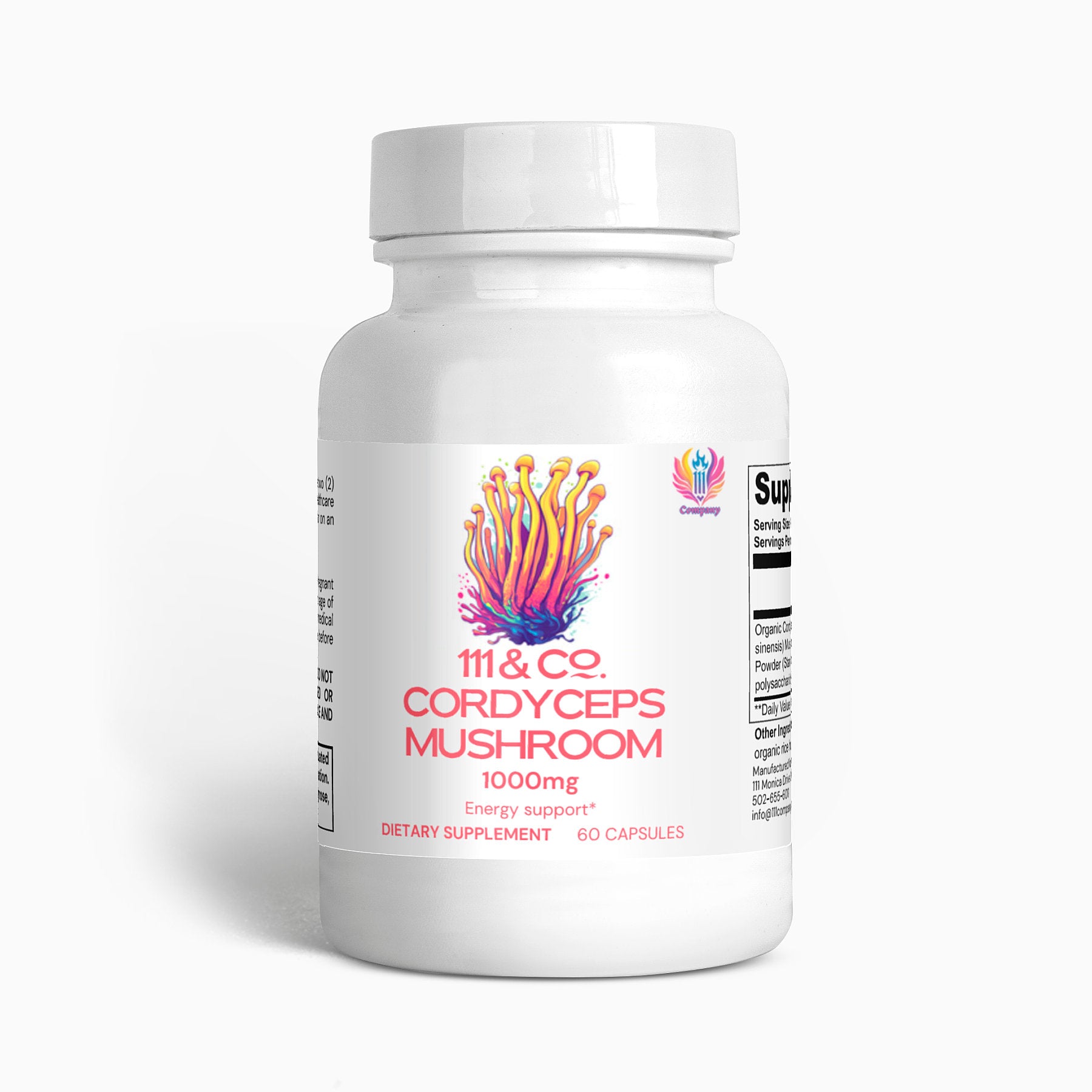 A white bottle of 111 & COMPANY CORDYCEPS MUSHROOM 1000 MG CAPSULES from 111 & Company displays a mushroom graphic, highlighting Energy support and Immune system boost. It contains 60 capsules with the brand logo in the top right corner, and part of the supplement facts is visible on the side.