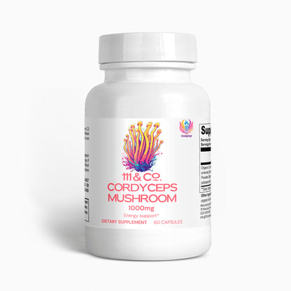 A white bottle of 111 & COMPANY CORDYCEPS MUSHROOM 1000 MG CAPSULES from 111 & Company displays a mushroom graphic, highlighting Energy support and Immune system boost. It contains 60 capsules with the brand logo in the top right corner, and part of the supplement facts is visible on the side.