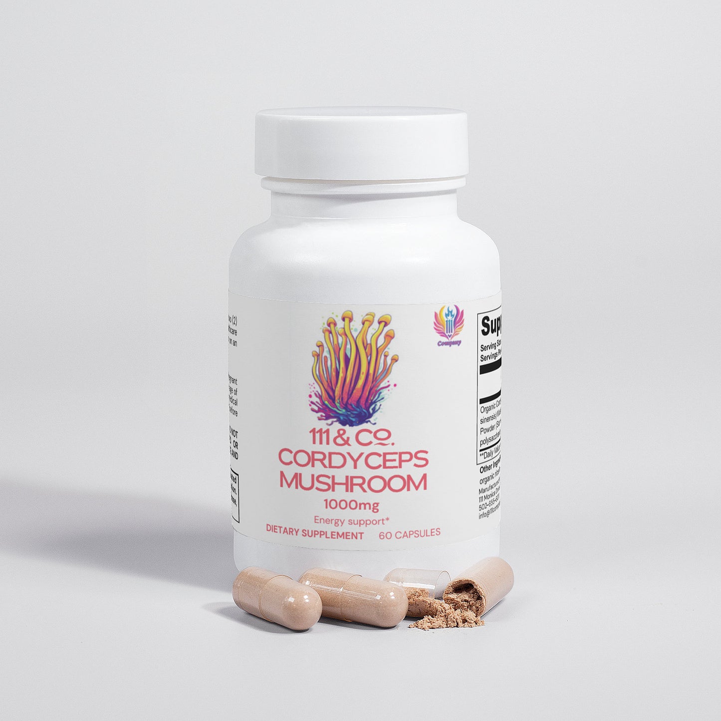 A white bottle labeled 111 & Company Cordyceps Mushroom 1000mg shows a mushroom image. It holds 60 capsules for energy and immune support, with two capsules spilling brown powder against a light gray background.