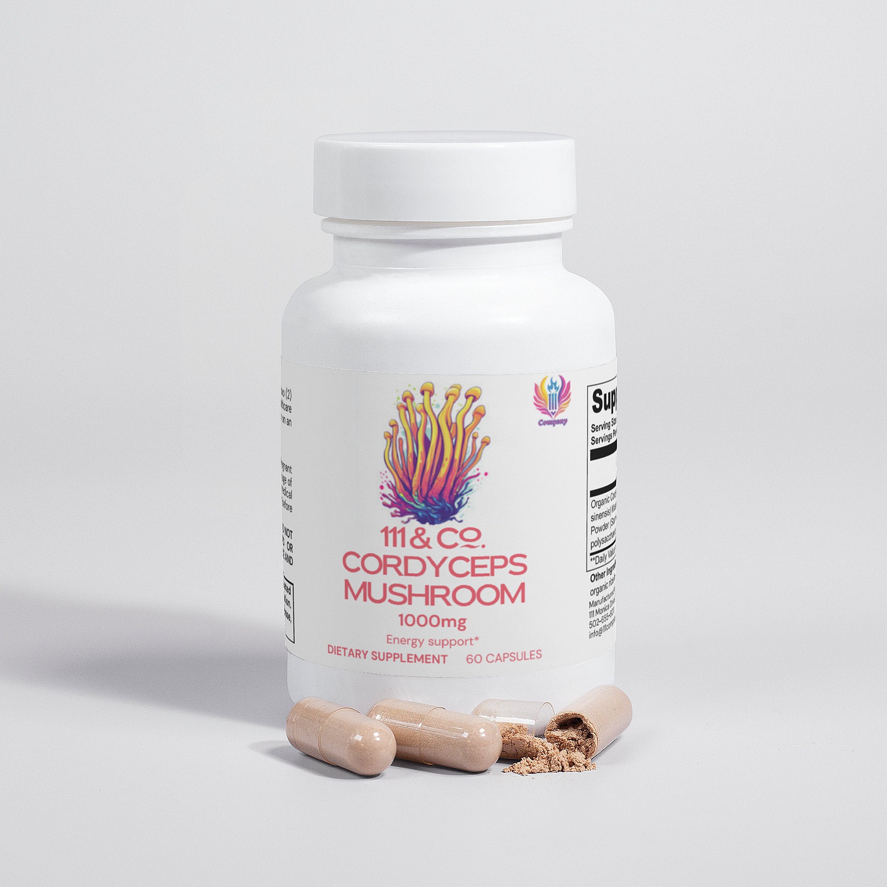 A white bottle labeled 111 & Company Cordyceps Mushroom 1000mg shows a mushroom image. It holds 60 capsules for energy and immune support, with two capsules spilling brown powder against a light gray background.