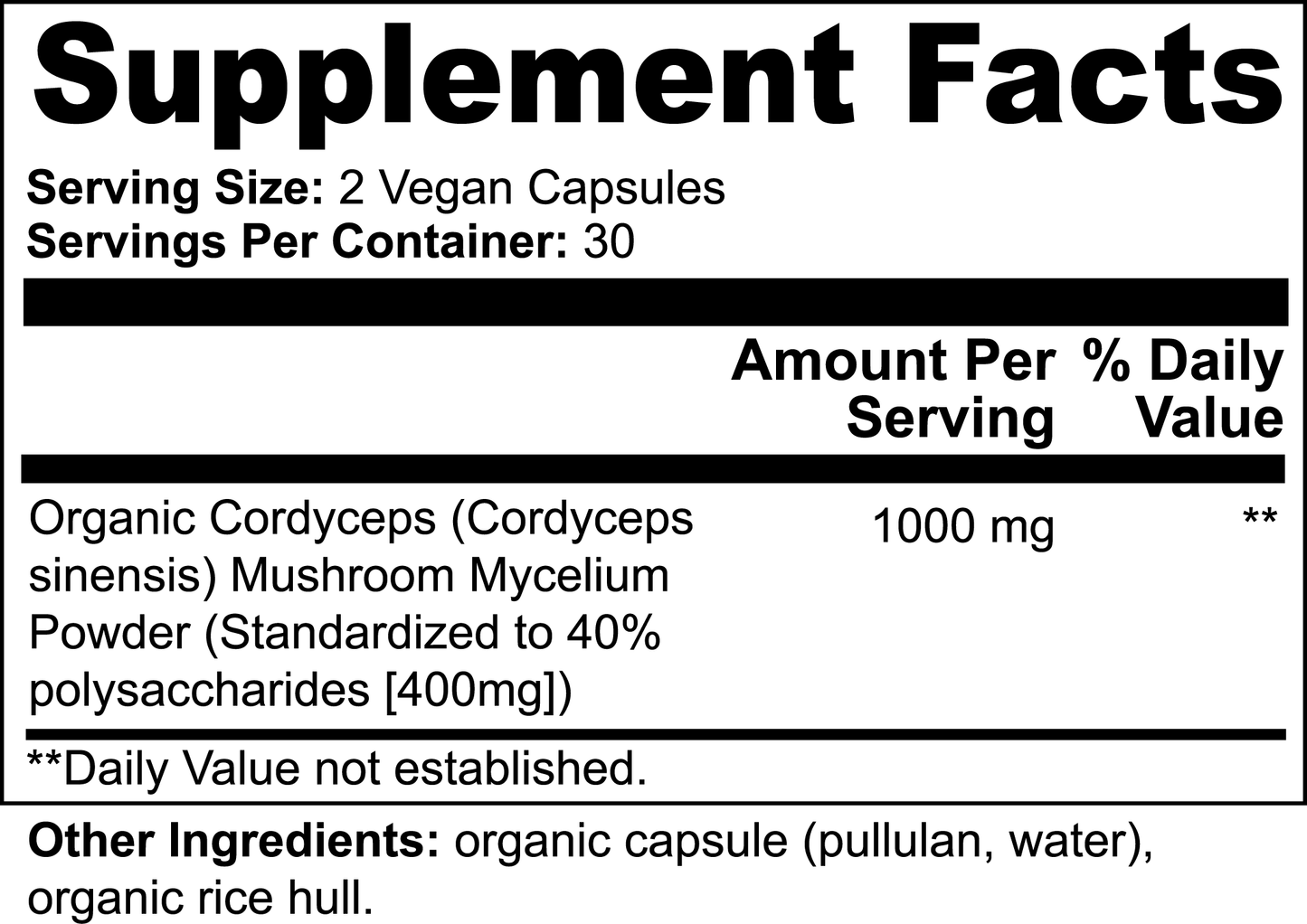 111 & Companys Cordyceps Mushroom Capsules boast a Supplement Facts label showing a 2-capsule serving size with 30 servings per container. Each serving contains 1000 mg of Organic Cordyceps Mushroom Mycelium to support the immune system, with organic capsules and rice hull as other ingredients. Daily value is not established.