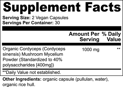 111 & Companys Cordyceps Mushroom Capsules boast a Supplement Facts label showing a 2-capsule serving size with 30 servings per container. Each serving contains 1000 mg of Organic Cordyceps Mushroom Mycelium to support the immune system, with organic capsules and rice hull as other ingredients. Daily value is not established.