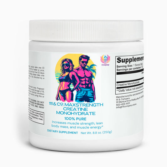 A white container labeled 111 & Company MaxStrength Creatine Monohydrate showcases a vibrant illustration of a muscular man and woman, emphasizing its exercise performance boost. Supplement facts are on the side. Net weight: 8.8 oz (250g).