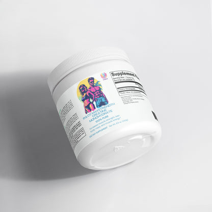A white 111 & Company MaxStrength Creatine Monohydrate jar with a vibrant label showing a man and woman in athletic stances is tilted on its side against a white backdrop. It emphasizes Prebiotic Mastery Ferment and 100% Pure, supporting muscle protein synthesis for better exercise performance.
