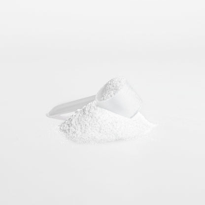 A small transparent scoop filled with fine 111 & Company MaxStrength Creatine Monohydrate rests on a pile of the same powder against a white background. The scoops smooth shine enhances the clean composition, suggesting its role in muscle protein synthesis.
