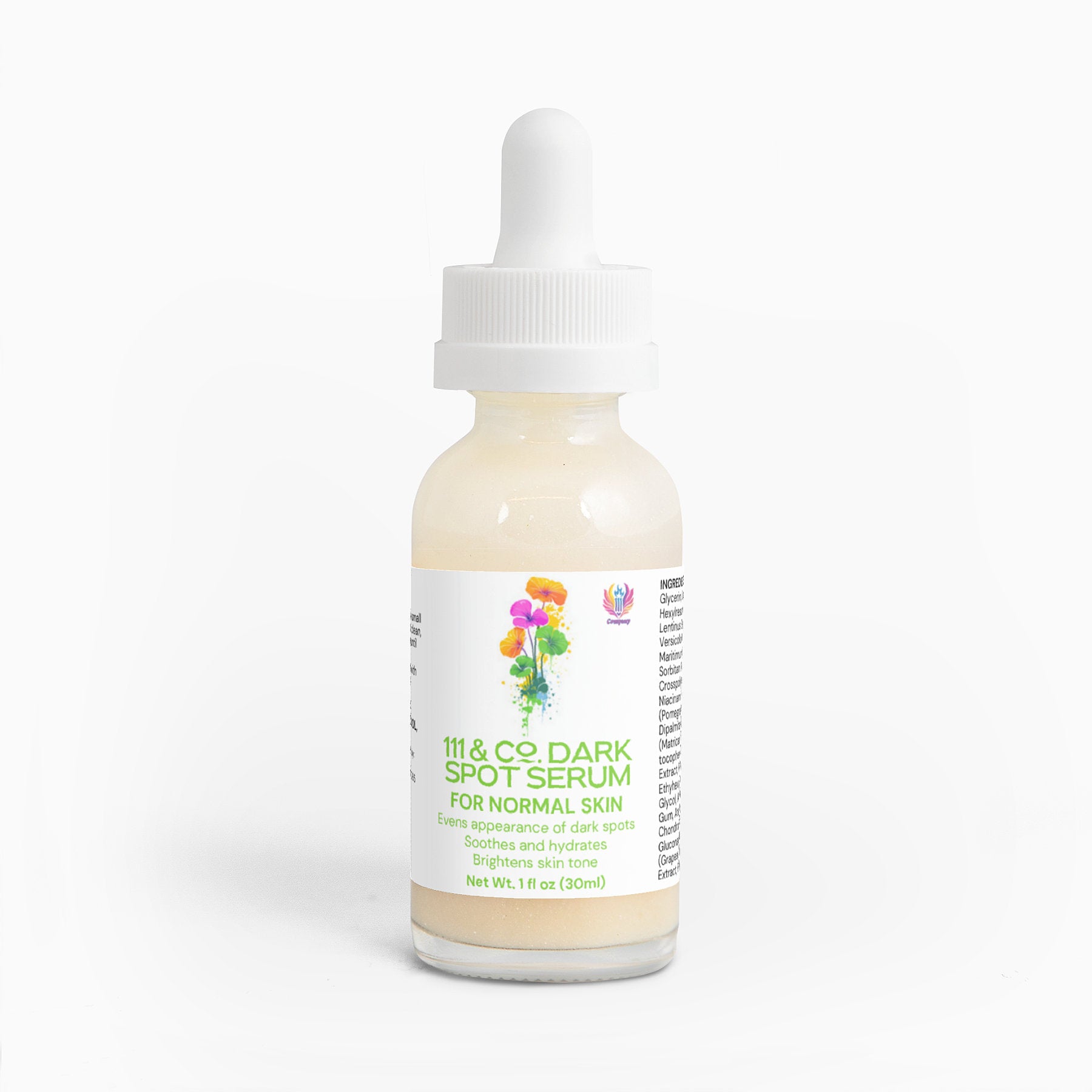 A small, transparent dropper bottle with a white cap contains 111 & Company Dark Spot Serum for Normal Skin. The label has colorful abstract floral designs and promotes its benefits in reducing dark spots and brightening skin tone. The bottle holds 1 fl oz (30 ml).