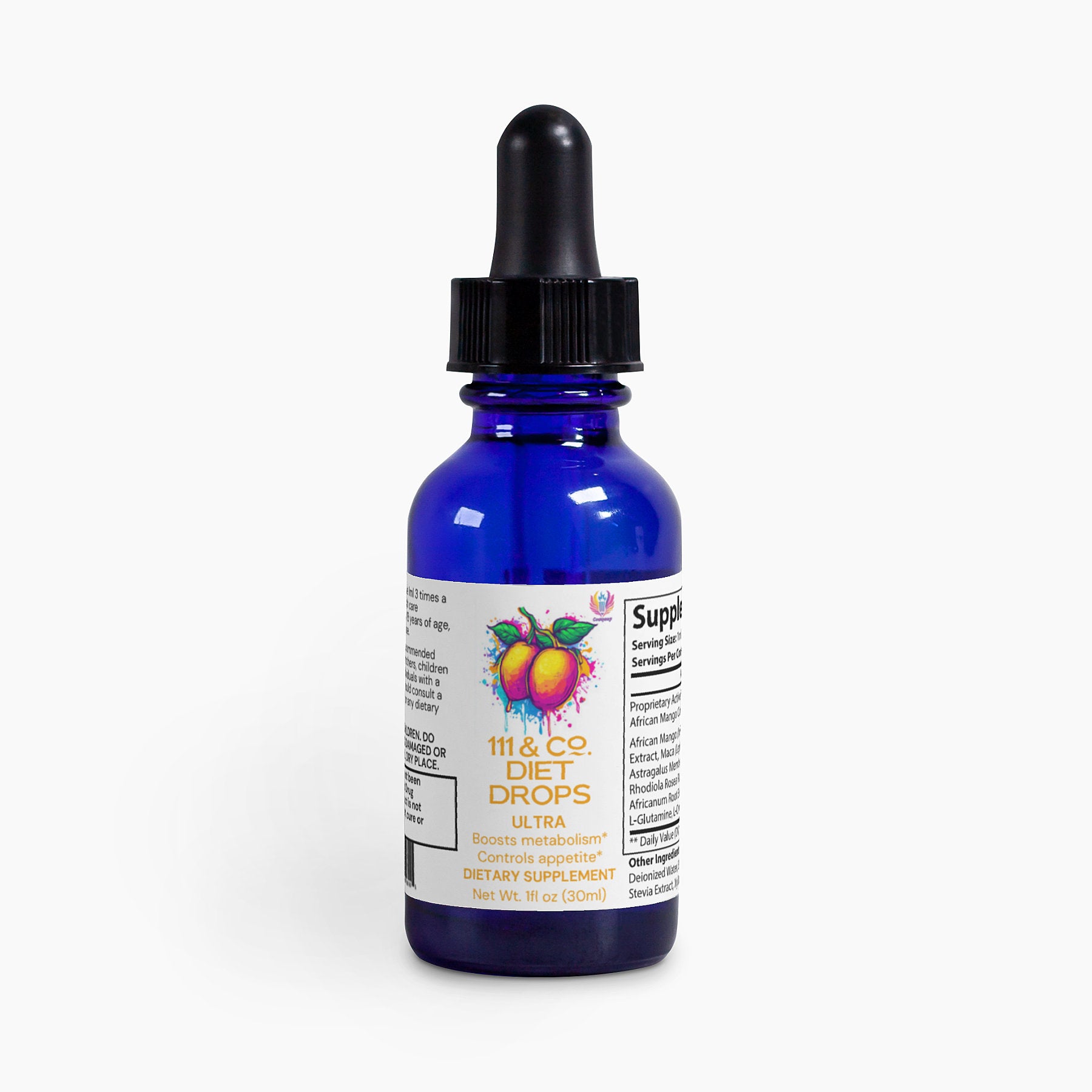 A blue bottle with a black dropper cap labeled 111 & COMPANY DIET DROPS ULTRA 1 oz by 111 & Company, displays fruits on the front and claims to boost metabolism. This 1 fl oz dietary supplement has ingredients and directions visible on the side.