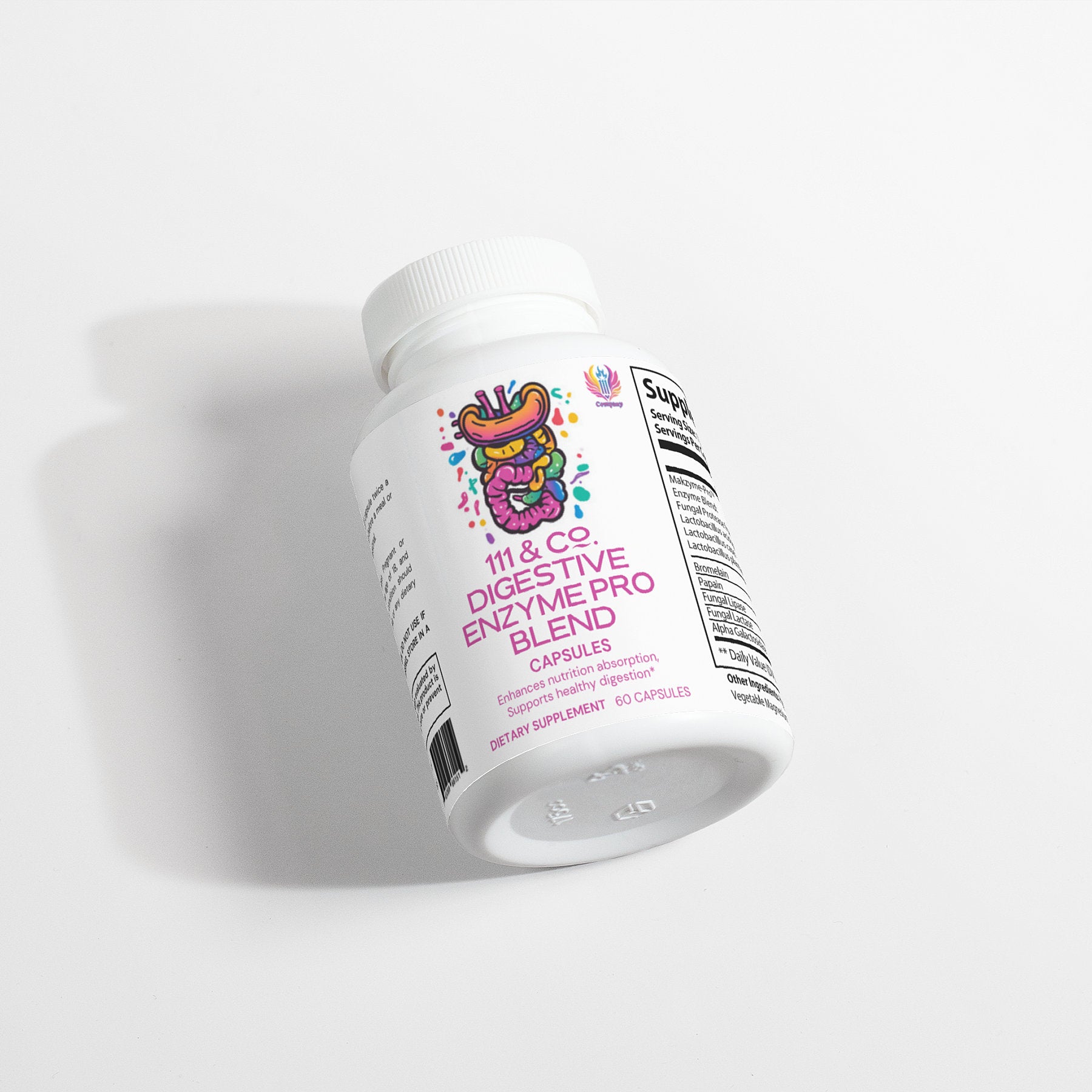A white bottle labeled 111 & Company Digestive Enzyme Pro Blend lies on its side, featuring a colorful intestine graphic. This supplement aids nutrient assimilation and digestion, with clear supplement facts and dosage instructions on the label.