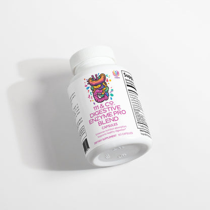A white bottle labeled 111 & Company Digestive Enzyme Pro Blend lies on its side, featuring a colorful intestine graphic. This supplement aids nutrient assimilation and digestion, with clear supplement facts and dosage instructions on the label.