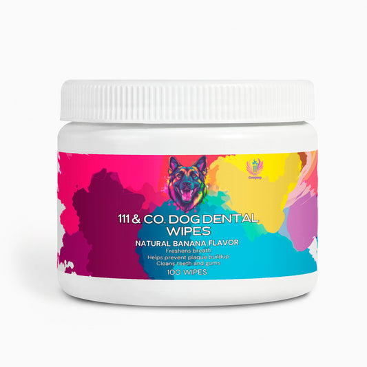 A white cylindrical container from 111 & Company labeled 111 & Company Dog Dental Wipes features a dog, vibrant pink, yellow, and blue splashes. It highlights benefits like teeth cleaning and reducing plaque with natural banana flavor. Contains 100 wipes for freshening breath and cleaning teeth and gums.