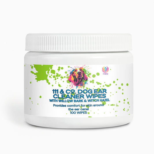 The 111 & COMPANY DOG EAR CLEANER WIPES by 111 & Company feature a colorful label with a dogs face, promoting natural ingredients like willow bark and witch hazel for comfortable ear cleaning and infection prevention. Each tub contains 100 wipes.