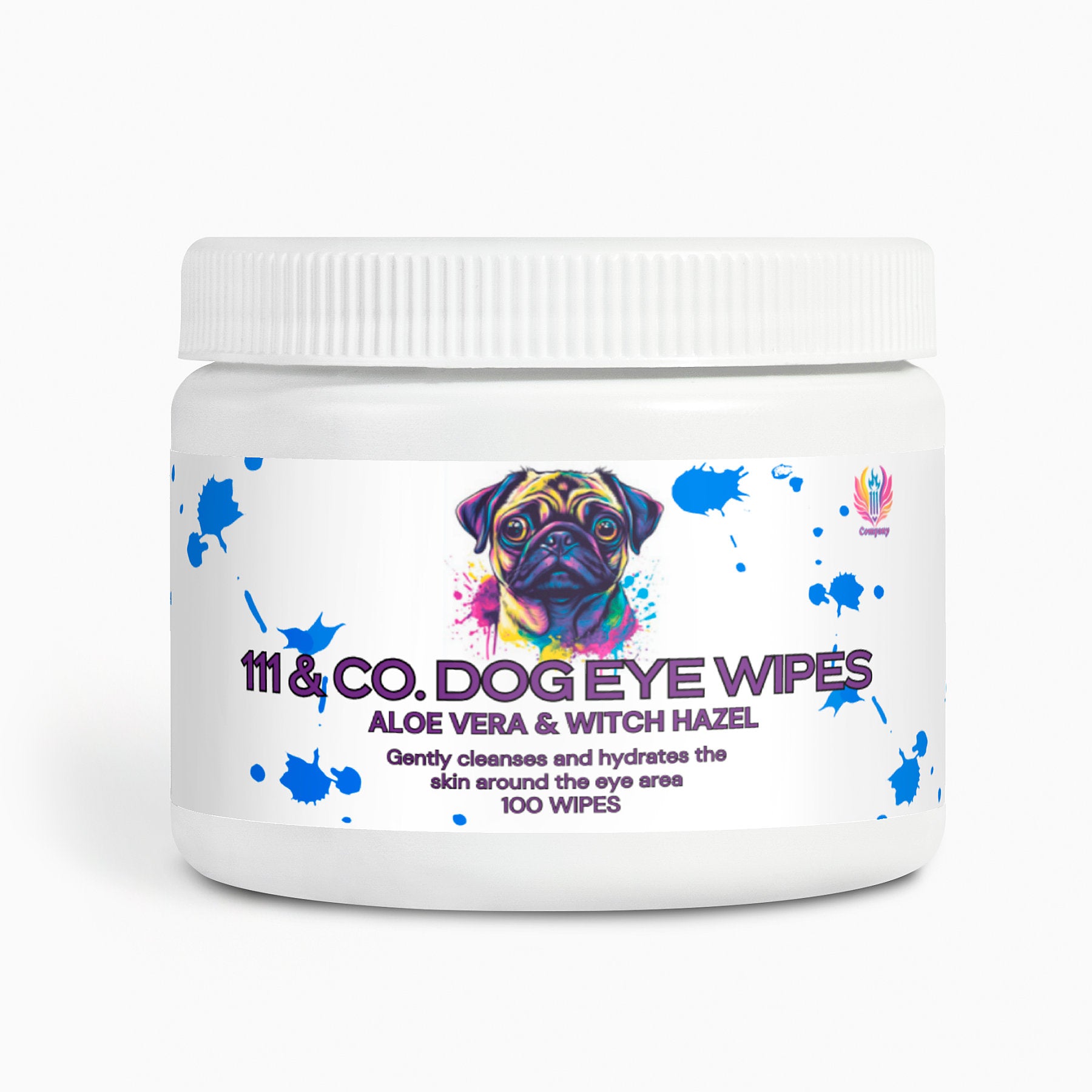 The 111 & Company Dog Eye Wipes feature a white container with a colorful pug illustration and blue paint splatters. Made with natural ingredients like Aloe Vera and Witch Hazel, these wipes gently cleanse, hydrate, and help remove tear stains around the eyes. Contains 100 wipes.