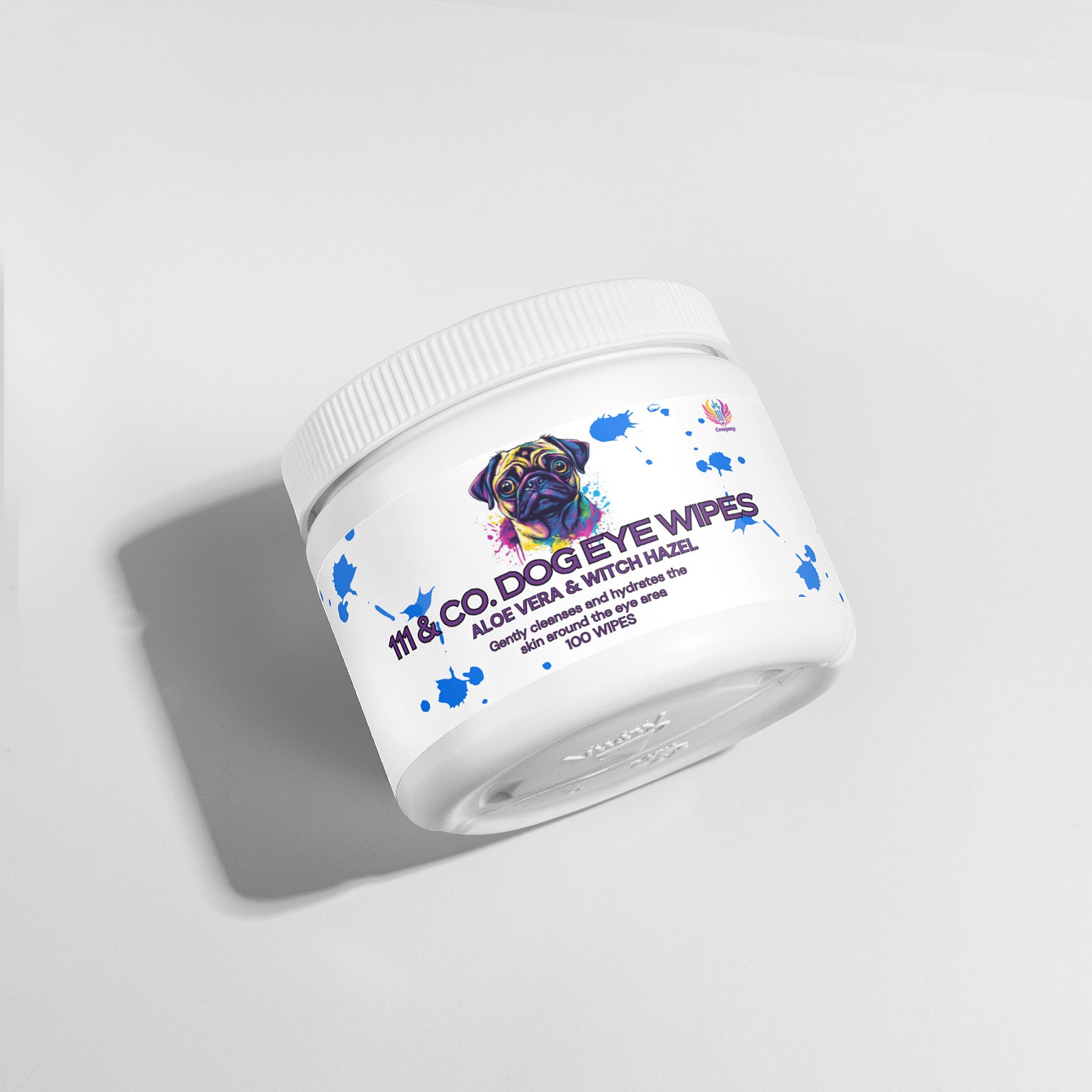 A white container of 111 & Company Dog Eye Wipes rests on a light gray backdrop, featuring a colorful dog illustration and labeled Dog Eye Wipes Aloe Vera & Witch Hazel. It contains 100 wipes for tear stain removal, with natural ingredients. Its shadow is cast to the left.
