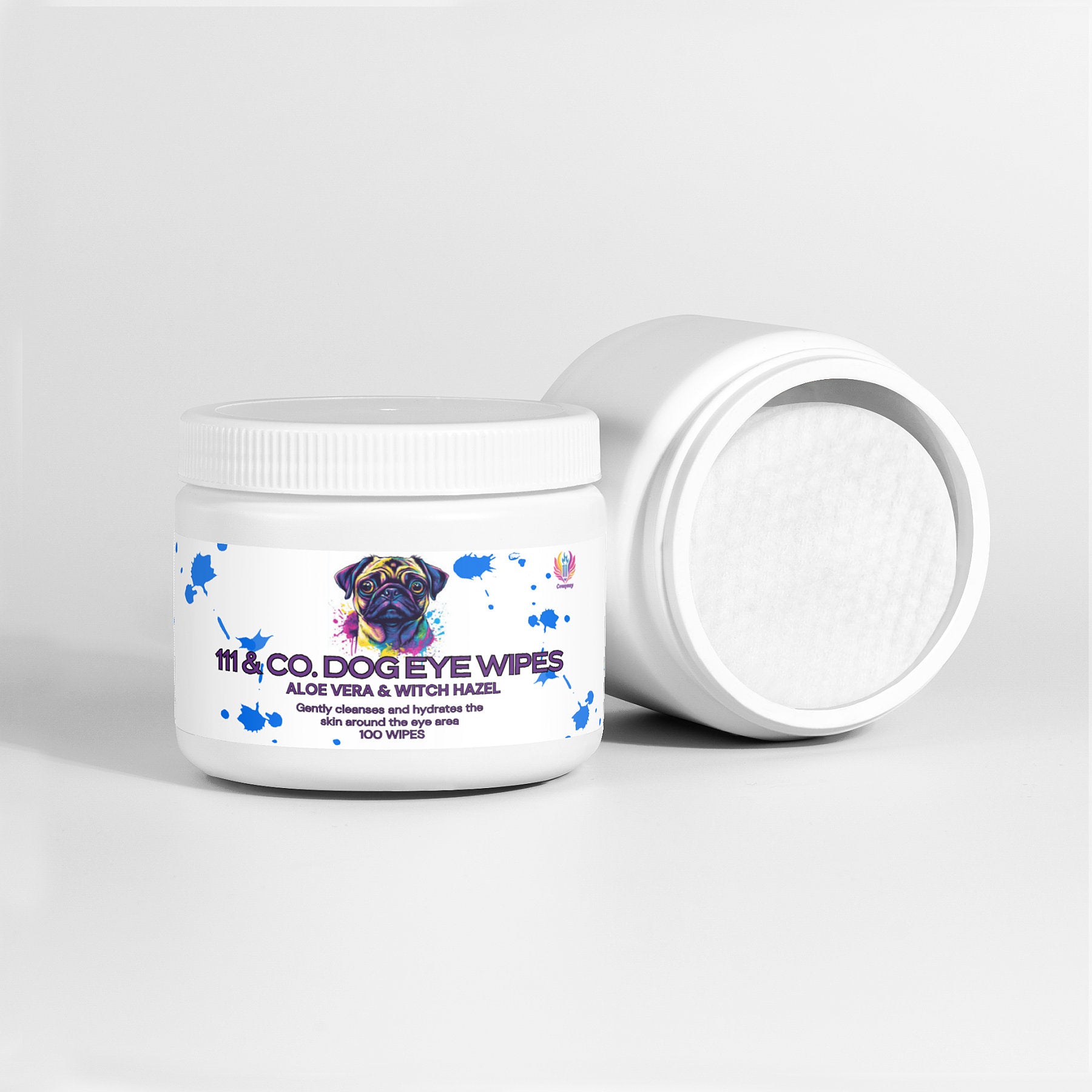 A white container of 111 & COMPANY DOG EYE WIPES by 111 & Company shows a colorful pug image on the label. It highlights natural ingredients like Aloe Vera & Witch Hazel and states 100 wipes. The open lid reveals the circular wipes against a plain white background.