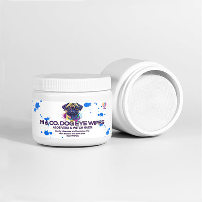 A white container of 111 & COMPANY DOG EYE WIPES by 111 & Company shows a colorful pug image on the label. It highlights natural ingredients like Aloe Vera & Witch Hazel and states 100 wipes. The open lid reveals the circular wipes against a plain white background.