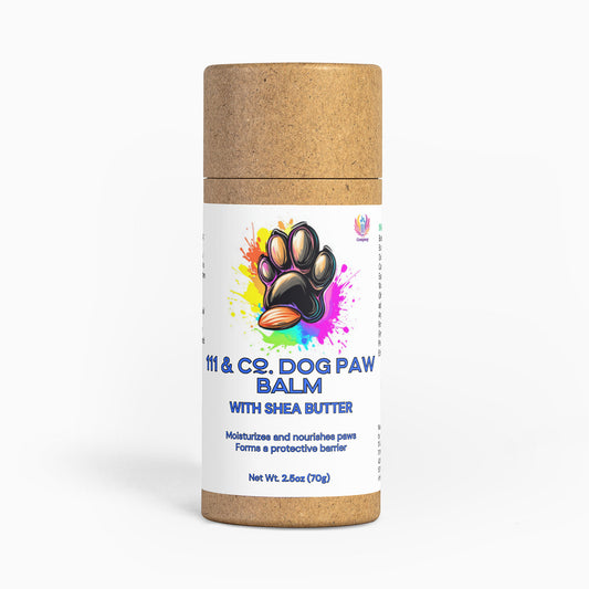 The 111 & Company Dog Paw Balm comes in a biodegradable 2.5 oz (70g) cylindrical tube, featuring natural shea butter. Its label showcases an artistic paw print, stating Moisturizes and nourishes paws and Forms a protective barrier against a plain white backdrop.