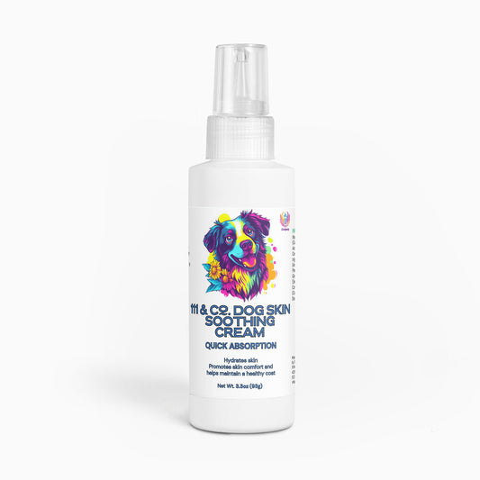The 111 & COMPANY DOG SKIN SOOTHING CREAM by 111 & Company features a colorful dog illustration and promises quick absorption with antioxidant-rich ingredients. This expertly crafted 2 oz (59g) formula deeply hydrates and effectively soothes dry skin.