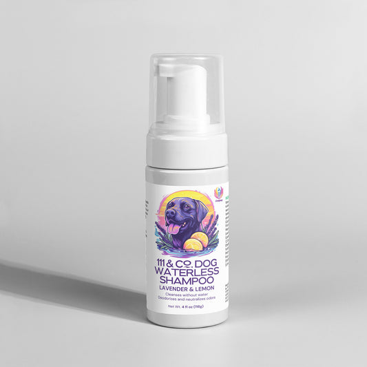 A white bottle of 111 & Company Dog Waterless Shampoo features a foam dispenser and a label with a dog surrounded by lavender and lemon slices. It highlights deodorizing agents in the lavender and lemon-scented formula for dogs, with a net weight of 6.4 oz (189ml).