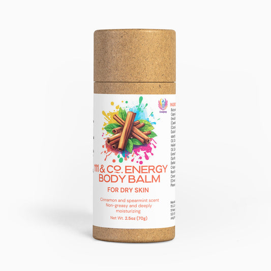 The cylindrical tube of 111 & Company Energy Body Balm features a colorful splash design with cinnamon sticks. This non-greasy, deeply moisturizing balm is scented with cinnamon and spearmint, providing aromatherapy benefits in a 2.5 oz (70g) container.