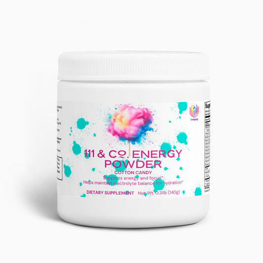 A white jar reading 111 & COMPANY ENERGY POWDER by 111 & Company features a cotton candy design with teal and pink accents. The sugar-free Cotton Candy flavor boosts energy, focus, and electrolyte balance using caffeine and L-theanine. Net weight: 0.31 lb (140g).