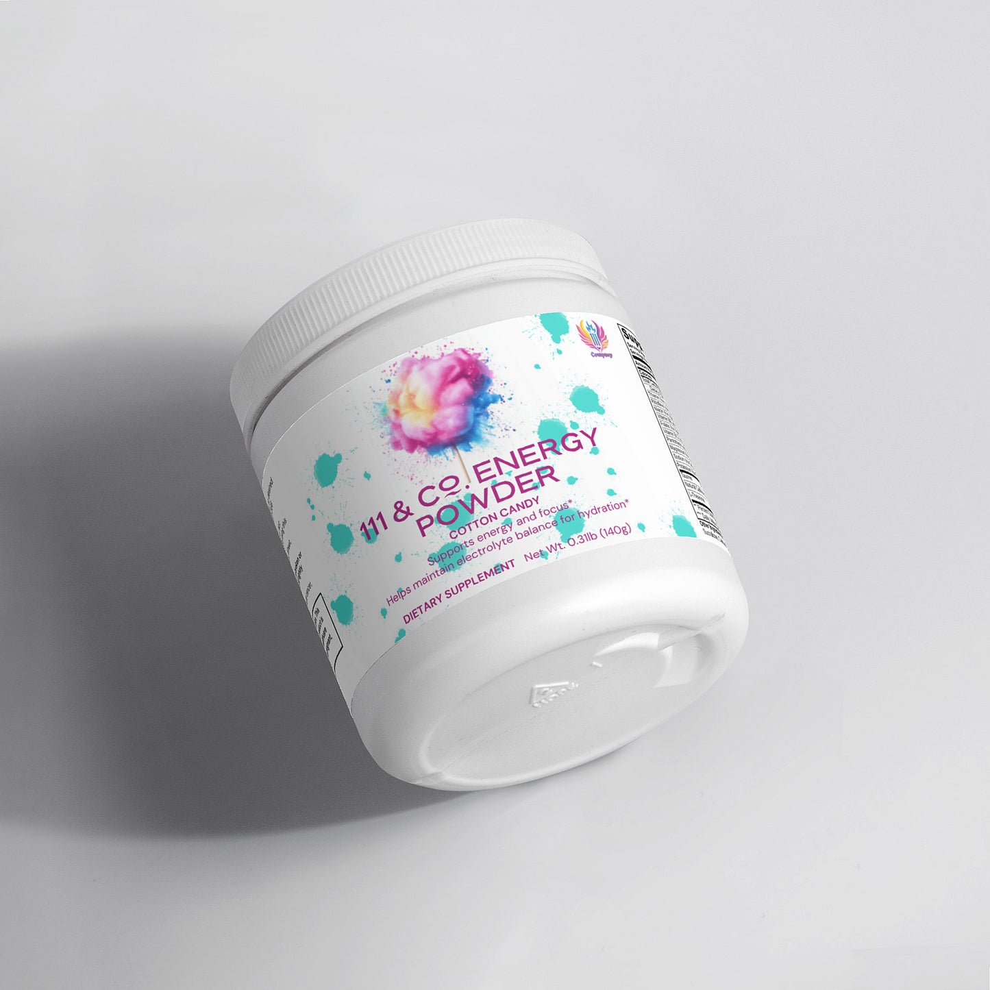 A container of 111 & Company Energy Powder (Cotton Candy) lies on its side, displaying a colorful abstract splash surrounded by turquoise splatters. The label reads 111 & Co Sugar-Free Energy Powder and dietary supplement, with weight details. The lid is securely sealed.