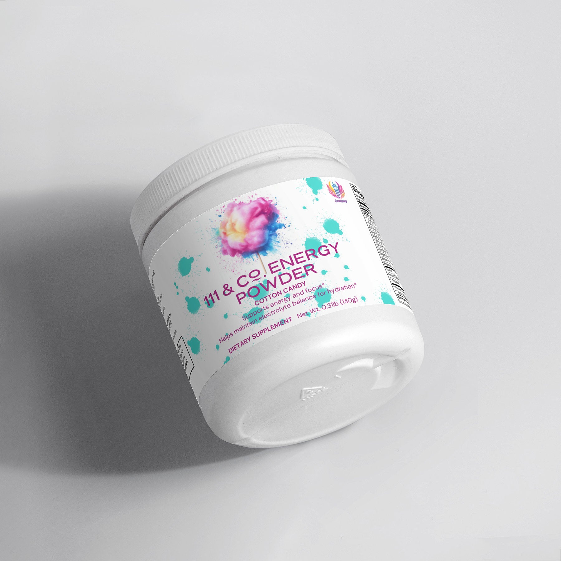 A container of 111 & Company Energy Powder (Cotton Candy) lies on its side, displaying a colorful abstract splash surrounded by turquoise splatters. The label reads 111 & Co Sugar-Free Energy Powder and dietary supplement, with weight details. The lid is securely sealed.