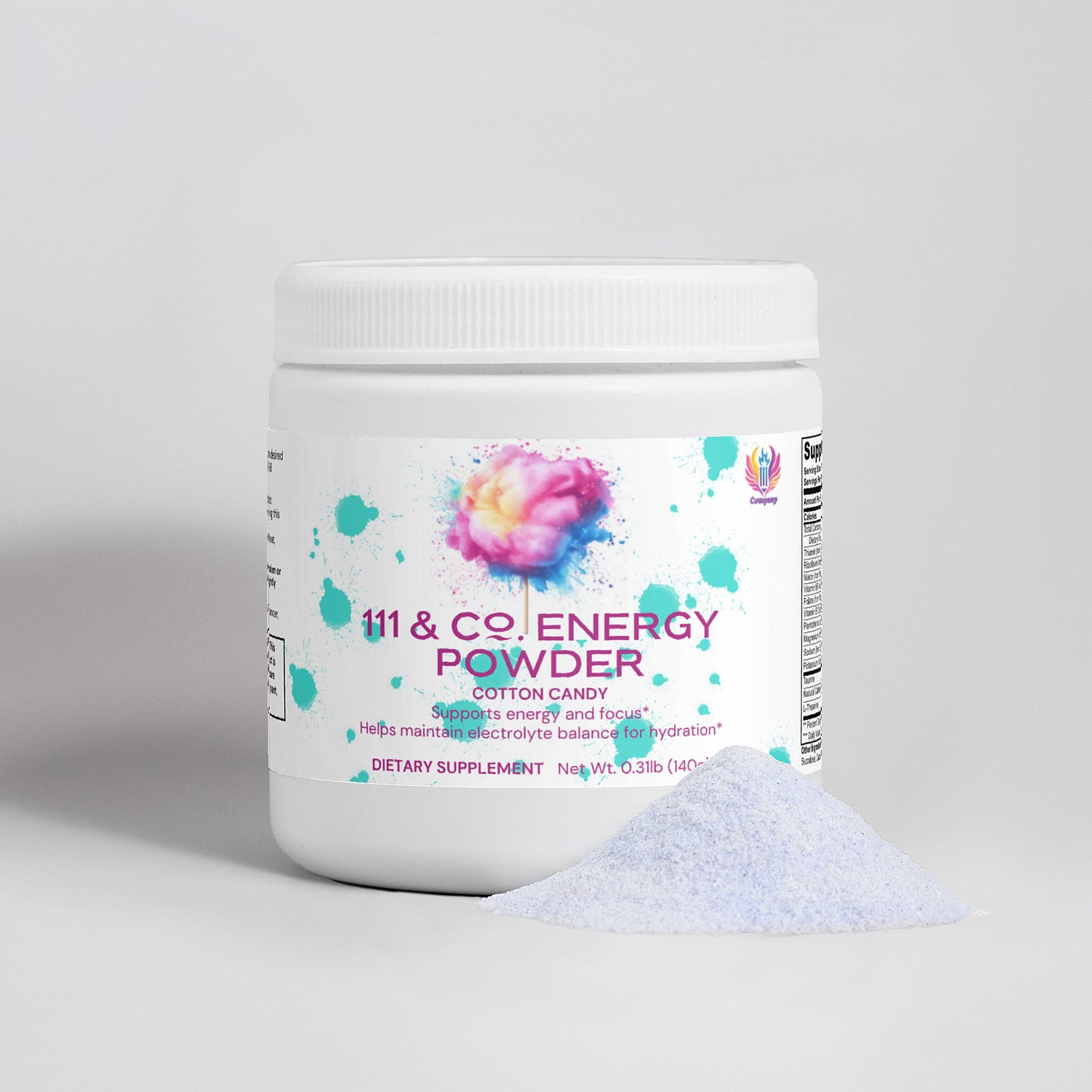 A white jar labeled 111 & COMPANY ENERGY POWDER (COTTON CANDY) claims to support balanced energy, focus, and electrolyte balance. This sugar-free powder sits near a small pile of light blue powder, suggesting its invigorating contents.