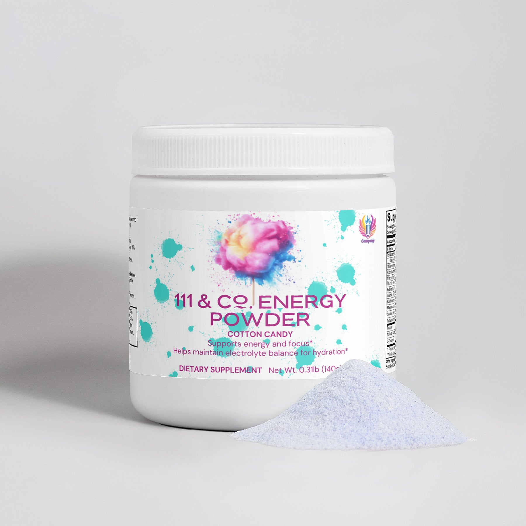 A white jar labeled 111 & COMPANY ENERGY POWDER (COTTON CANDY) claims to support balanced energy, focus, and electrolyte balance. This sugar-free powder sits near a small pile of light blue powder, suggesting its invigorating contents.