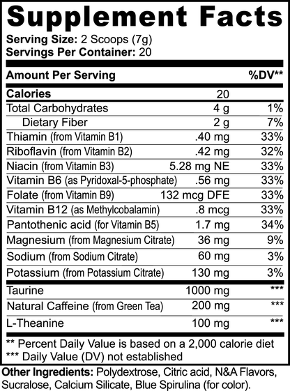 The supplement facts for 111 & Company Energy Powder (Cotton Candy) indicate a sugar-free formula with a serving size of 2 scoops (7g), offering 20 servings per container. It includes Thiamin, Riboflavin, Niacin, Vitamin B6, Folate, Vitamin B12, Pantothenic Acid, Magnesium, Sodium, Potassium with %DV listed. Additionally features Taurine for balanced energy and Caffeine L.