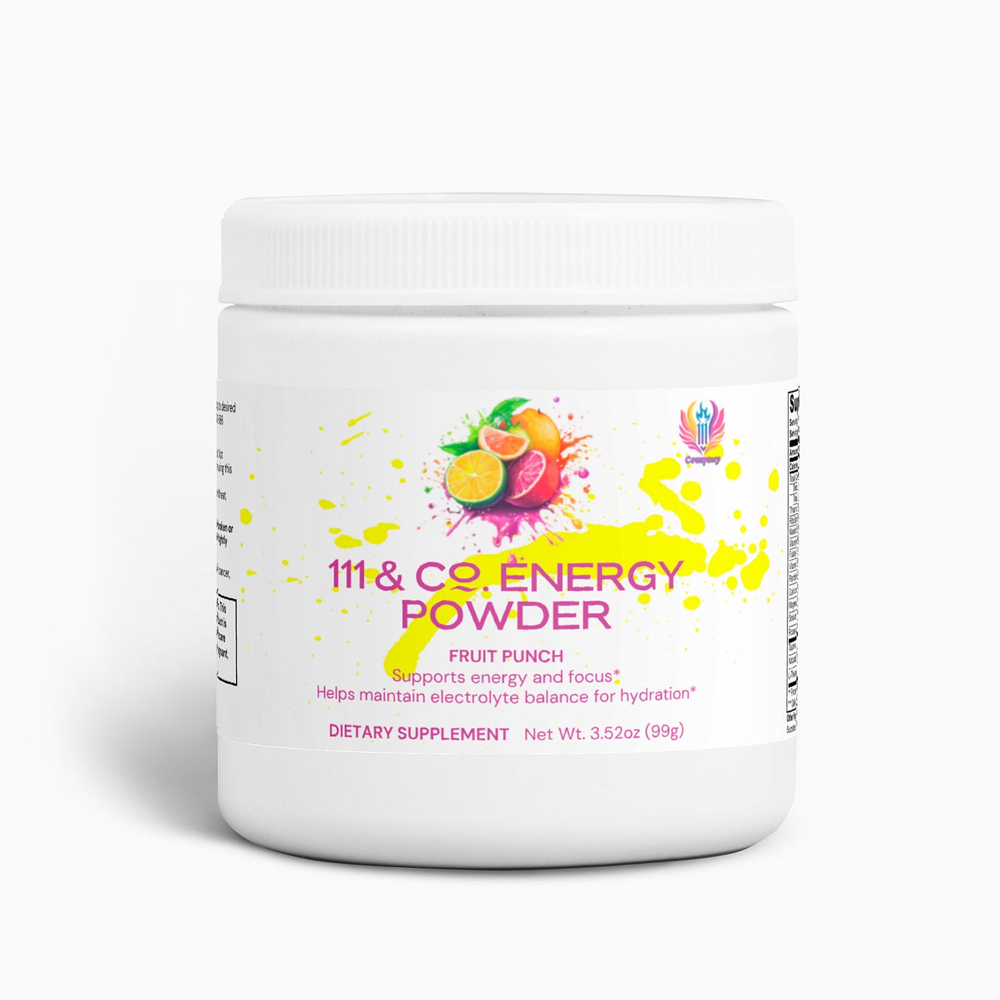 The 111 & Company Energy Powder (Fruit Punch) comes in a white container with a colorful splash and citrus and berry images on the label. It offers balanced energy, focus support, and hydration in a sugar-free formula. The dietary supplement weighs 3.52 oz (99g).