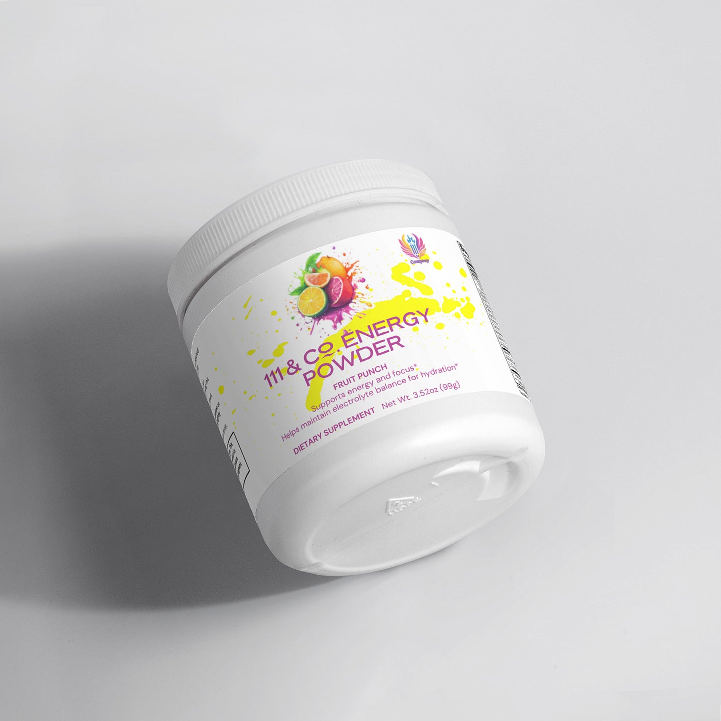 A white container of 111 & Company Energy Powder is on its side against a light gray background, showcasing the sugar-free Fruit Punch flavor with vibrant fruit graphics and splashes. It contains 3.53 oz (100g) of balanced energy dietary supplement.