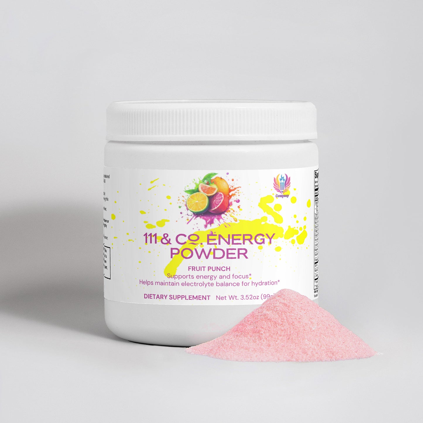 A white container labeled 111 & Company Energy Powder (Fruit Punch) features sliced oranges, lemons, and cherries. The front states “Supports balanced energy and focus,” with yellow paint splashes. Pink powder is spilled next to it. Net weight: 3.5 oz.