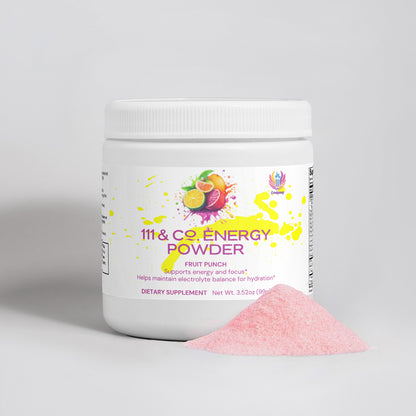 A white container labeled 111 & Company Energy Powder (Fruit Punch) features sliced oranges, lemons, and cherries. The front states “Supports balanced energy and focus,” with yellow paint splashes. Pink powder is spilled next to it. Net weight: 3.5 oz.