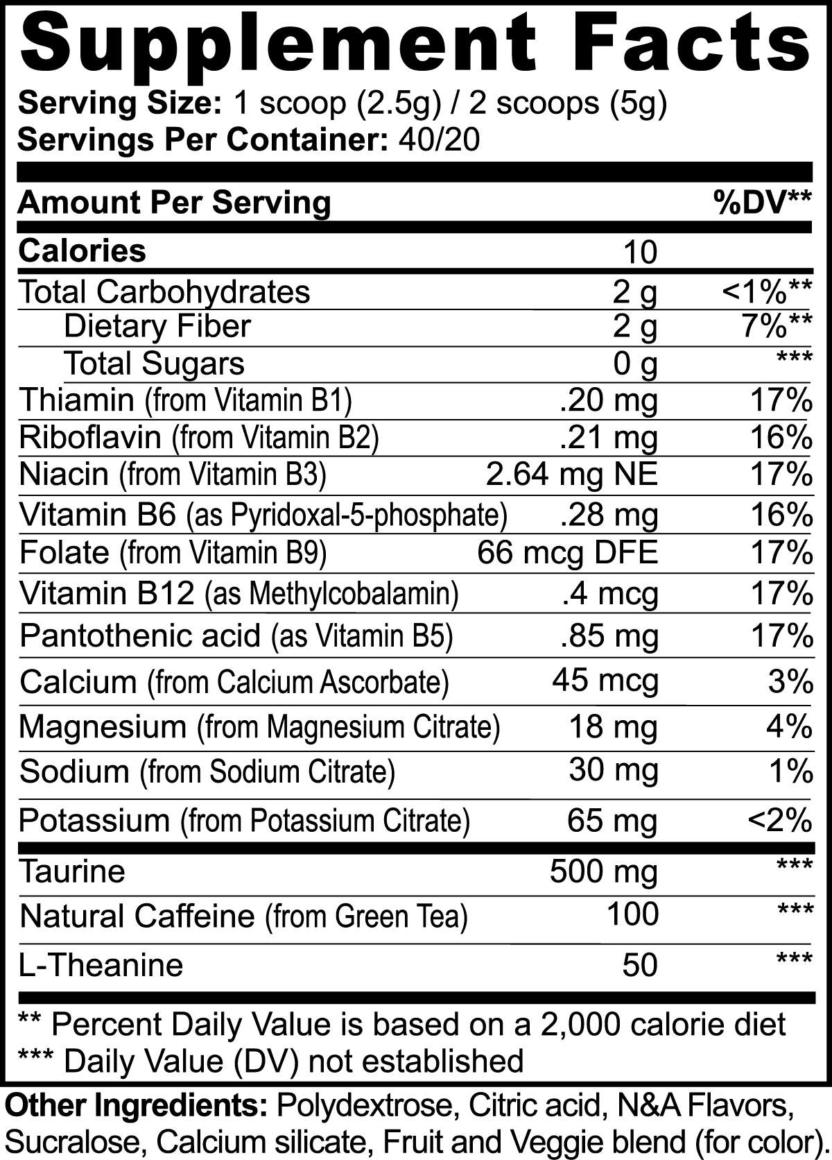 The Supplement Facts for 111 & Company Energy Powder (Fruit Punch) show a serving size of 1 scoop (2.5g) or 2 scoops (5g), with 40/20 servings/container. Its sugar-free, includes vitamins B1, B2, B3, B6, B12, C; plus caffeine (100mg), taurine (500mg), and magnesium for balanced energy.