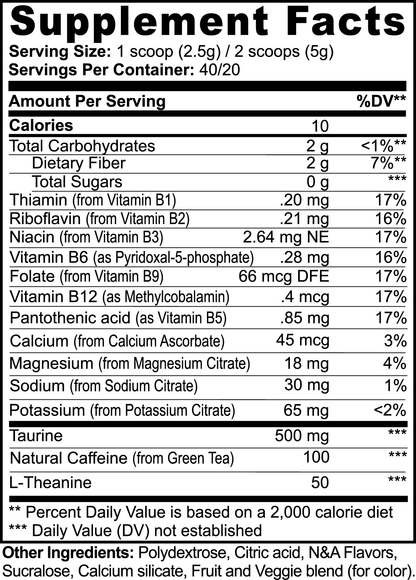 The Supplement Facts for 111 & Company Energy Powder (Fruit Punch) show a serving size of 1 scoop (2.5g) or 2 scoops (5g), with 40/20 servings/container. Its sugar-free, includes vitamins B1, B2, B3, B6, B12, C; plus caffeine (100mg), taurine (500mg), and magnesium for balanced energy.