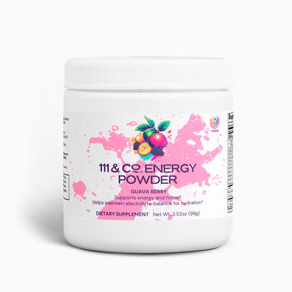 A 3.5 oz (98g) white container of 111 & Company Energy Powder, guava berry flavor, features pink paint splashes and images of guava and berries on the label. Its sugar-free, promotes balanced energy and hydration, and is labeled as a dietary supplement.