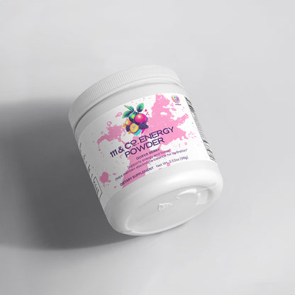 A white jar of 111 & Company Energy Powder (Guava Berry) features a vibrant pink splash design and Guava Berry on the label. This sugar-free dietary supplement provides balanced energy per 11.85 oz (336g) serving, set against a pristine white background.