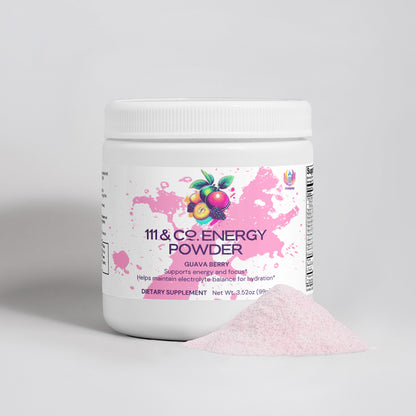 A white container of 111 & Company Energy Powder (Guava Berry) displays guava and berries with a label highlighting balanced energy support and hydration, alongside an artfully spilled pink powder.