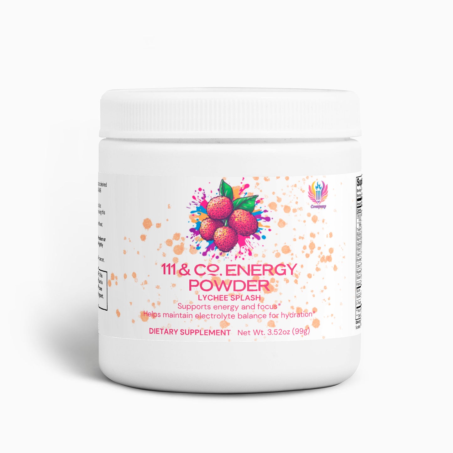 A product from 111 & Company, the Energy Powder in Lychee Splash flavor, is showcased in a white container. The vibrant label features lychee imagery and promotes balanced energy, focus, and electrolyte balance. It weighs 3.52 oz (99g), set against a plain white background.