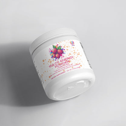 A white plastic jar of 111 & Companys Energy Powder (Lychee Splash), with a screw-on lid and a label featuring colorful berries and leaves, highlighting its sugar-free formula and balanced energy benefits. Ingredients and weight details are on display as the jar tilts on a light gray surface.