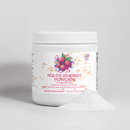 A 111 & Company Energy Powder jar in lychee splash flavor stands against a plain backdrop. The label, adorned with lychee illustrations, highlights its sugar-free formula for balanced energy and focus. Next to the 3.52 oz (99.8 g) white jar is a pile of white powder.