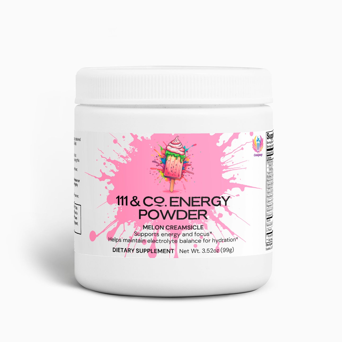 A 3.52 oz (99g) white container of 111 & Company Energy Powder (Melon Creamsicle) features a pink label with a melting popsicle image. This sugar-free supplement is designed for balanced energy, focus, and hydration.