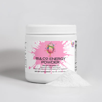 A white container of 111 & Company Energy Powder (Melon Creamsicle) features a pink splatter design with an ice cream cone graphic. It promotes sugar-free, balanced energy, and focus. A small pile of white powder lies beside the container.