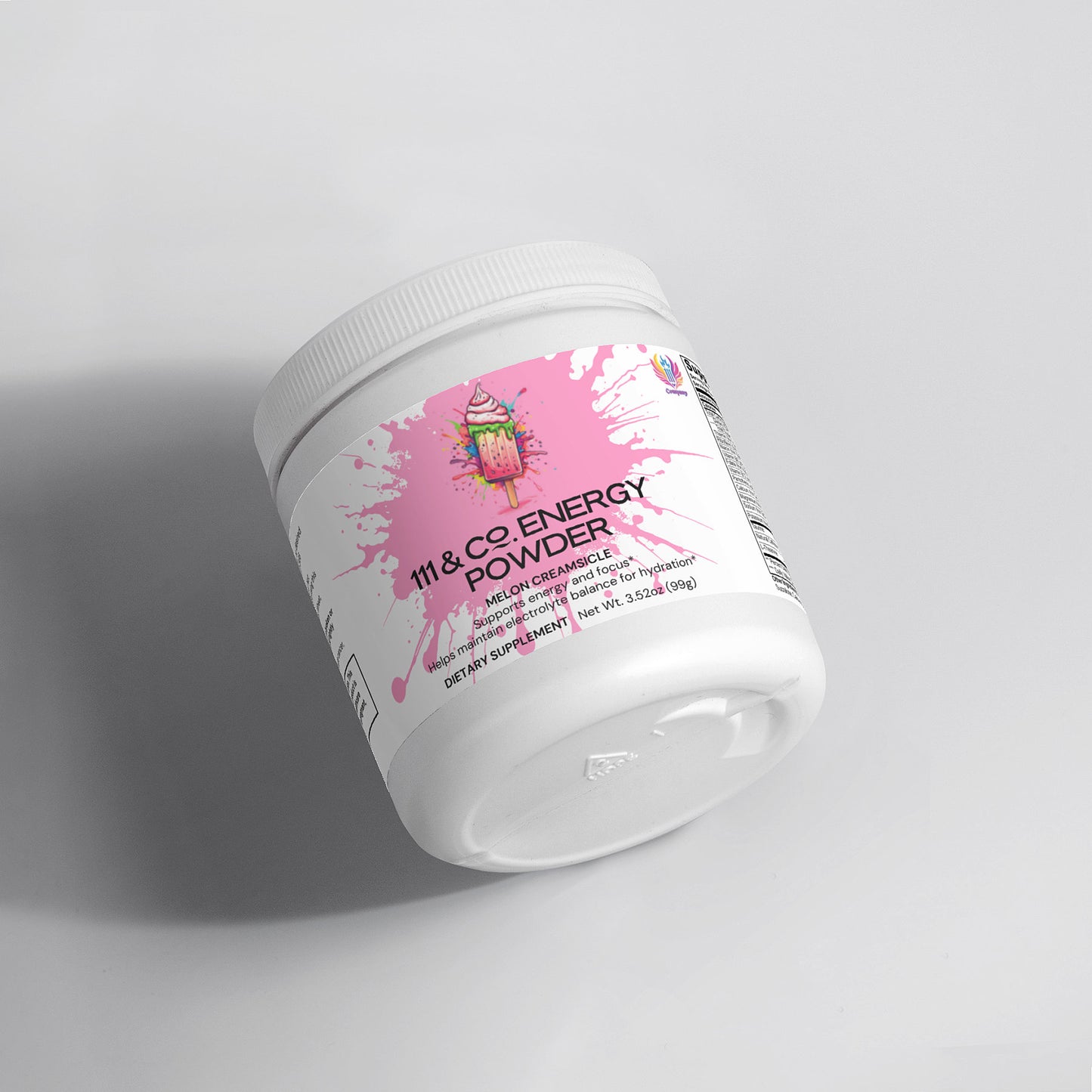 A tilted white container on a light surface displays a label with a pink splash backdrop, reading 111 & Company Energy Powder alongside an image of a colorful cupcake. This sugar-free Melon Creamsicle flavor weighs 11 oz (312 g).