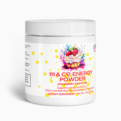 The 111 & Company Energy Powder by 111 & Company is a white cylindrical container featuring a strawberry shortcake illustration. This sugar-free formula offers balanced energy and focus support, weighs 4.9 oz, is a dietary supplement, and has vibrant yellow dots on its pristine surface.